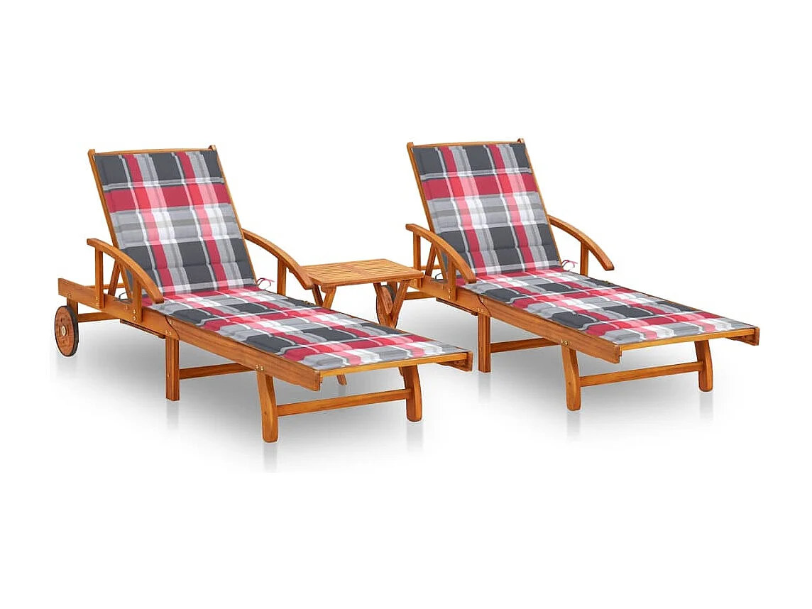 Chaises longues 2 pcs avec table et coussins Acacia solide 30