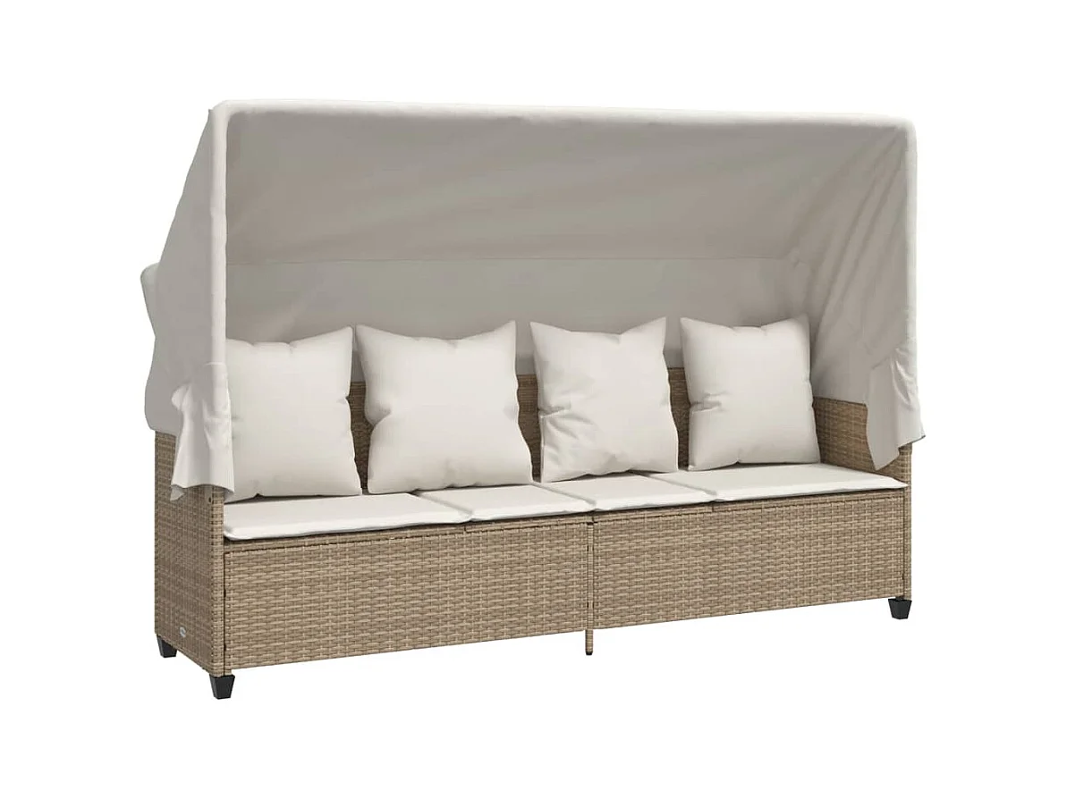 Chaise longue avec auvent et coussins beige résine tressée