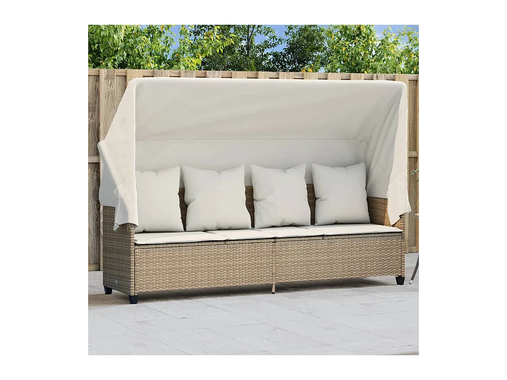 Chaise longue avec auvent et coussins beige résine tressée