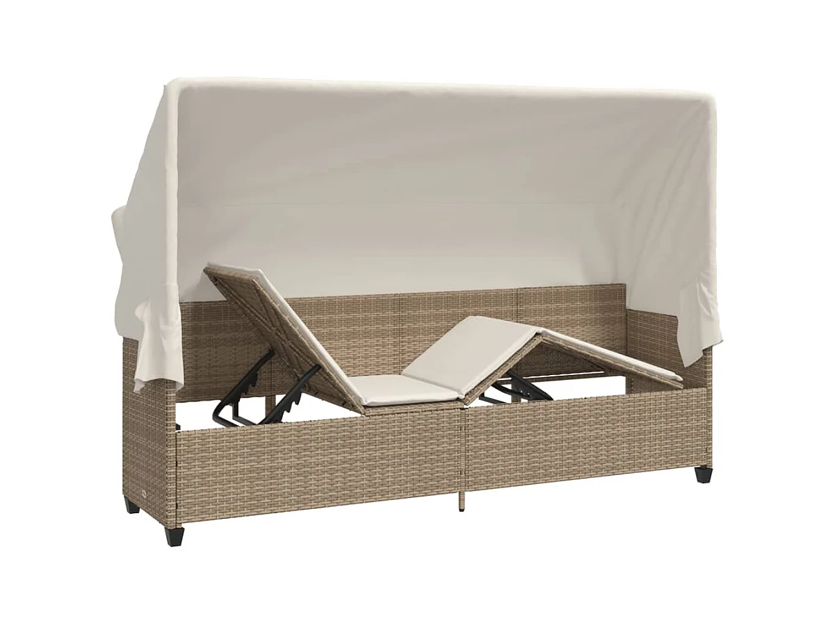 Chaise longue avec auvent et coussins beige résine tressée