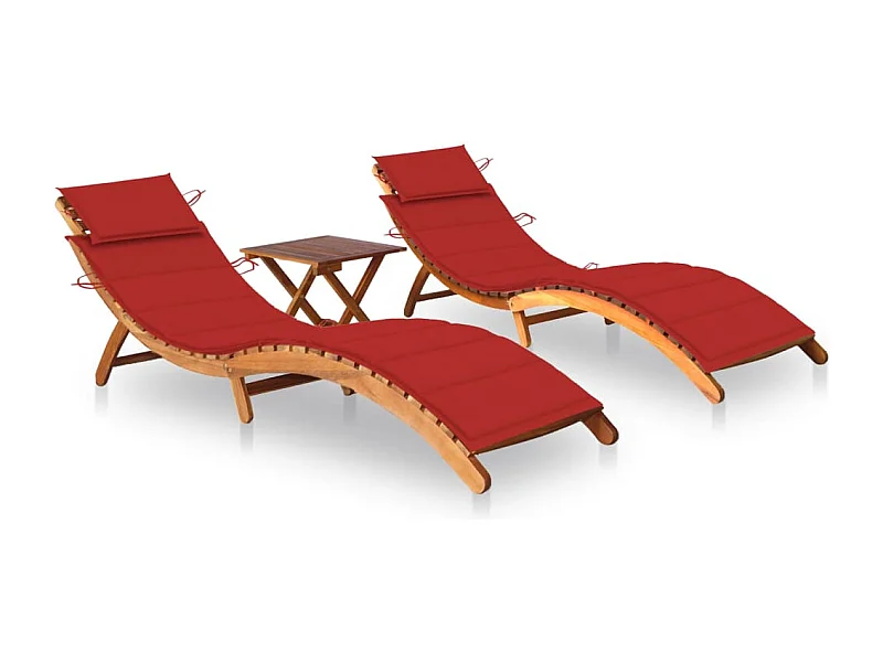 Chaises longues 2 pcs avec table et coussins Acacia solide 18