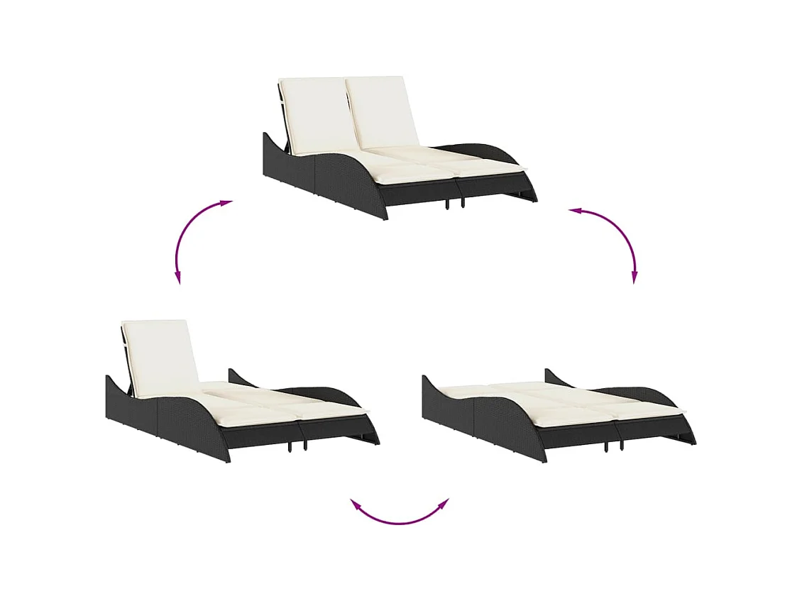 Chaise longue avec coussins noir 114x205x73 résine tressée