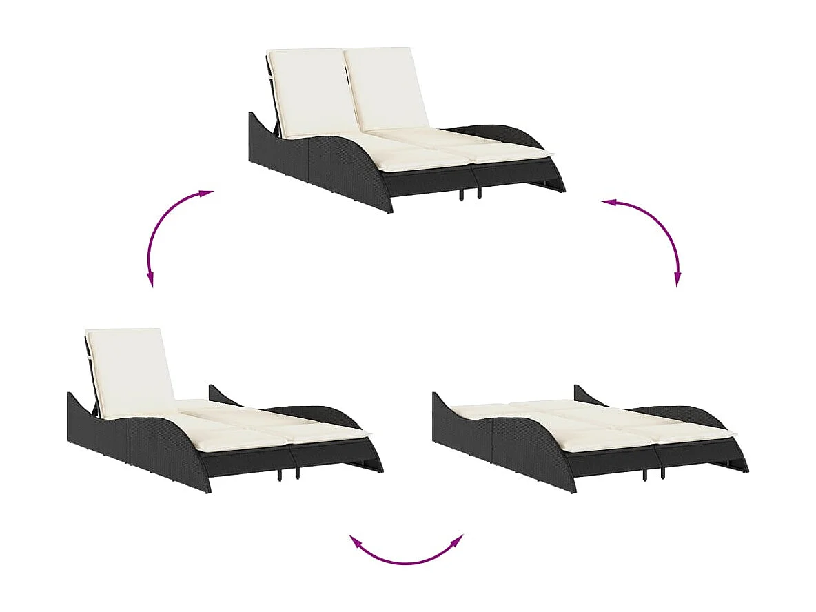 Chaise longue avec coussins noir 114x205x73 résine tressée