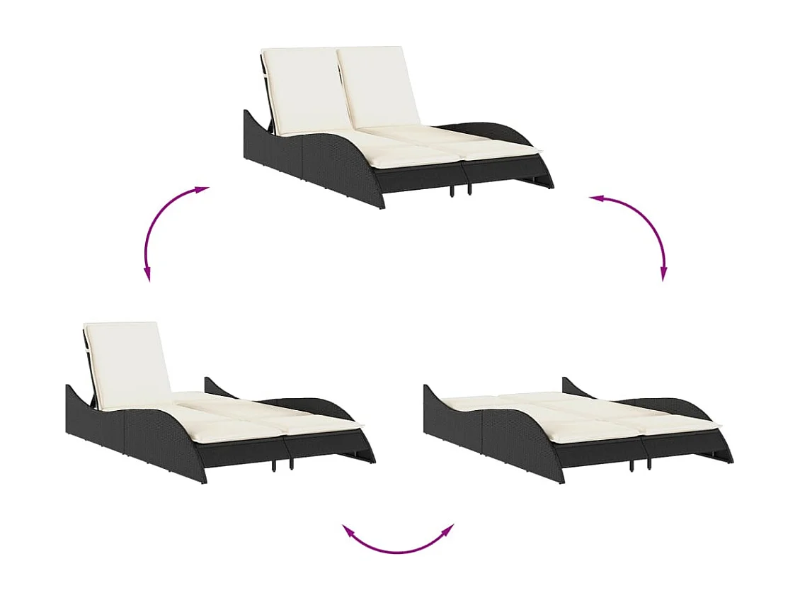 Chaise longue avec coussins noir 114x205x73 résine tressée