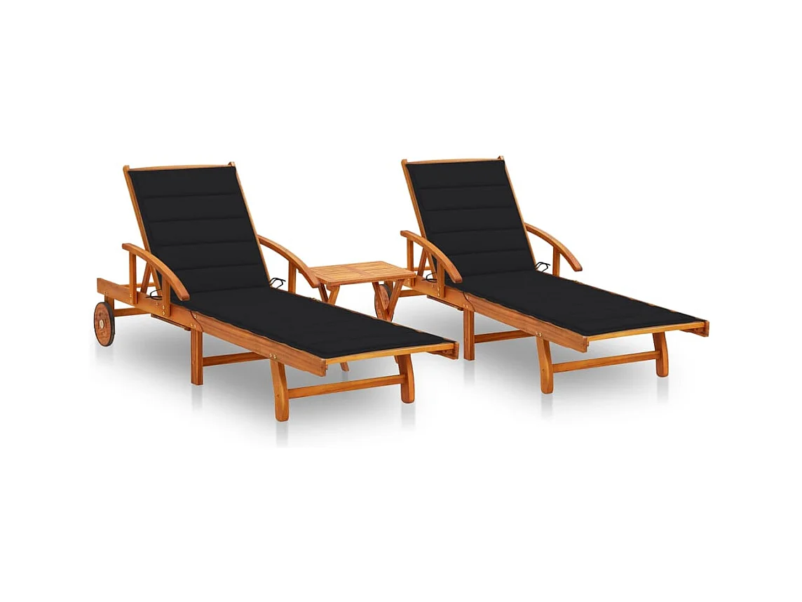 Chaises longues 2 pcs avec table et coussins Acacia solide 14