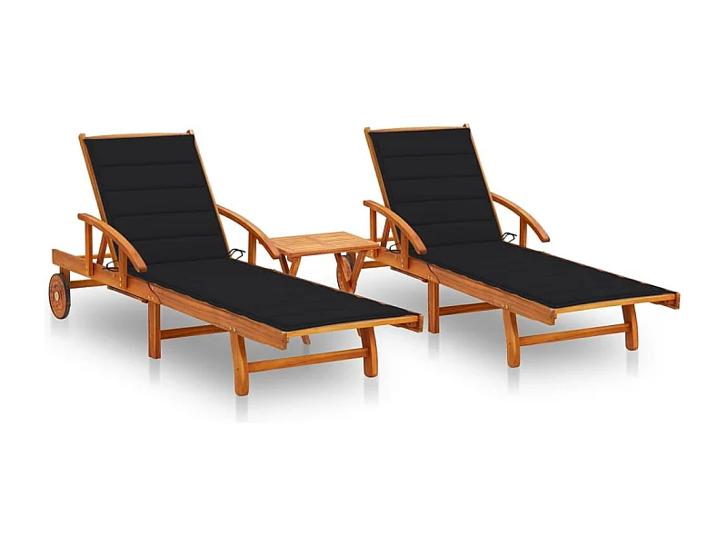 Chaises longues 2 pcs avec table et coussins Acacia solide 14