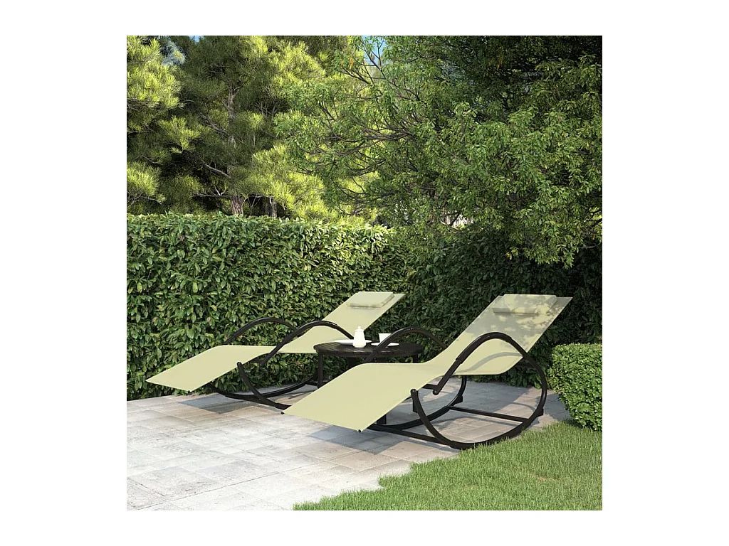 Chaises longues à bascule 2 pcs Crème Acier et textilène
