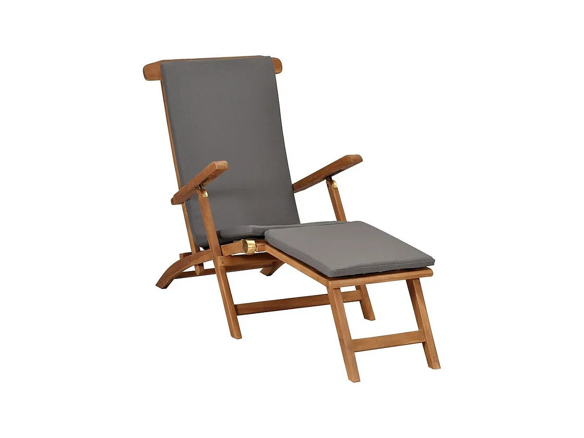 Chaise longue pliable tissu gris et teck massif clair Isser