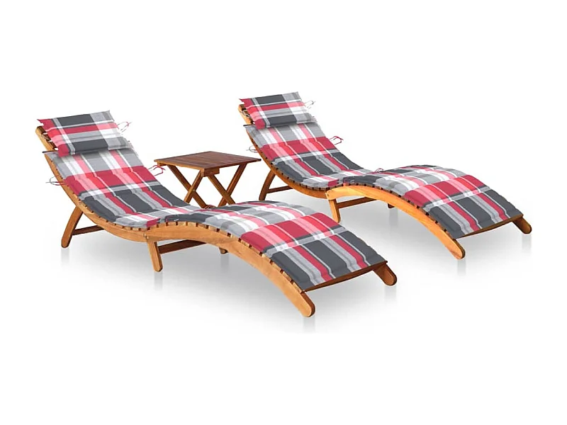 Chaises longues 2 pcs avec table et coussins Acacia solide 25