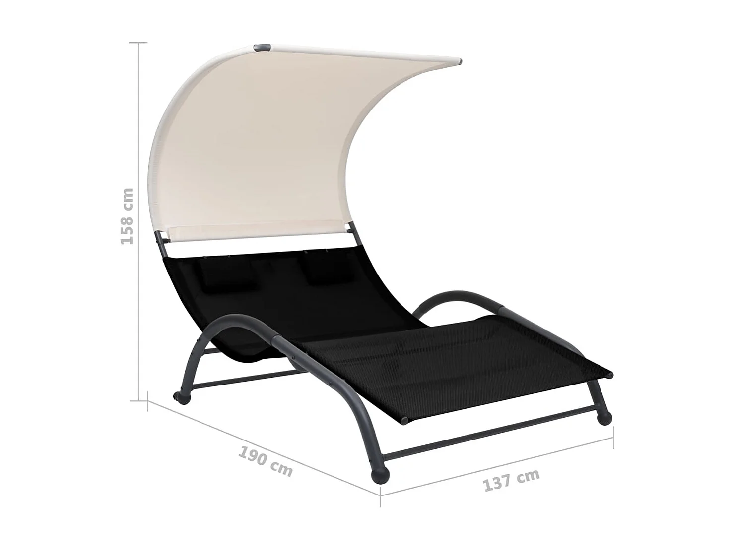 Chaise longue double avec auvent Textilène Noir