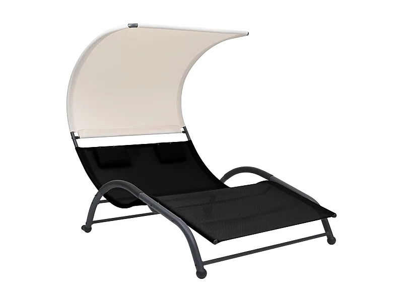 Chaise longue double avec auvent Textilène Noir