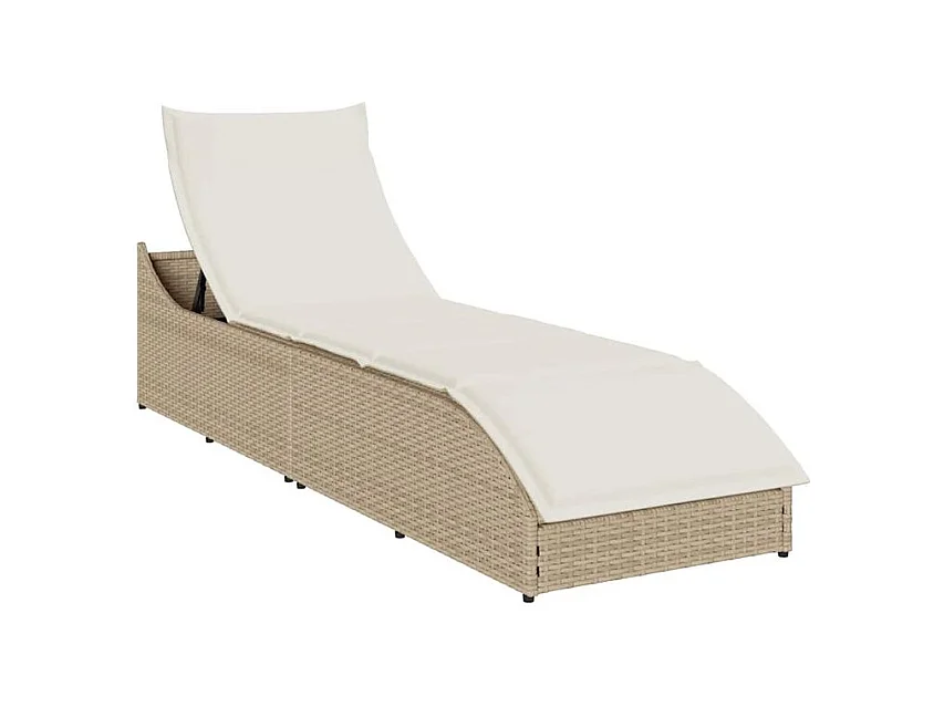 Chaise longue pliante coussin et rangement beige résine tressée