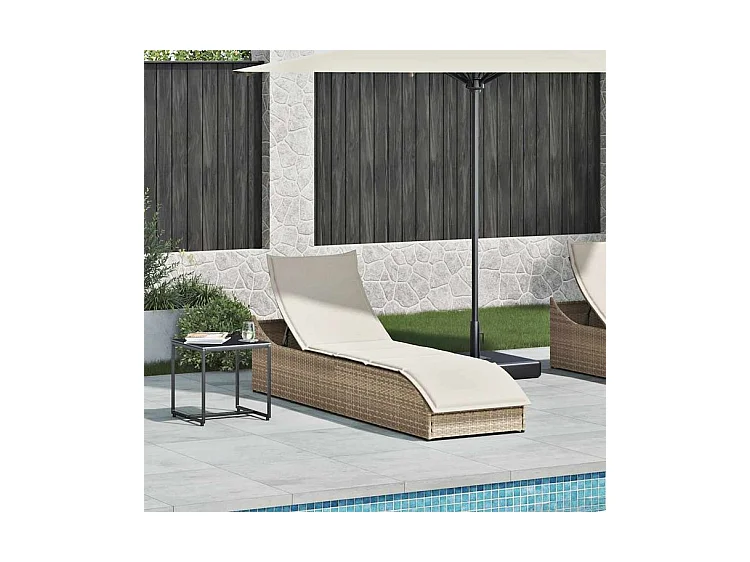 Chaise longue pliante coussin et rangement beige résine tressée
