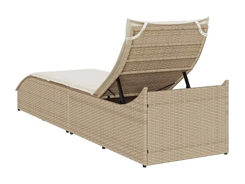 Chaise longue pliante coussin et rangement beige résine tressée