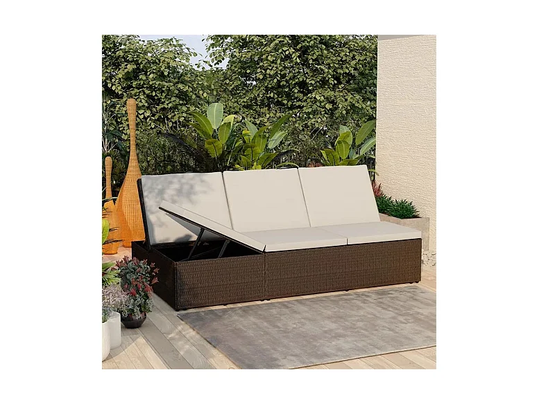 Lit de jardin tissu blanc et résine tressée marron Viali