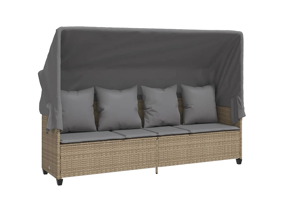 Chaise longue avec auvent et coussins beige résine tressée