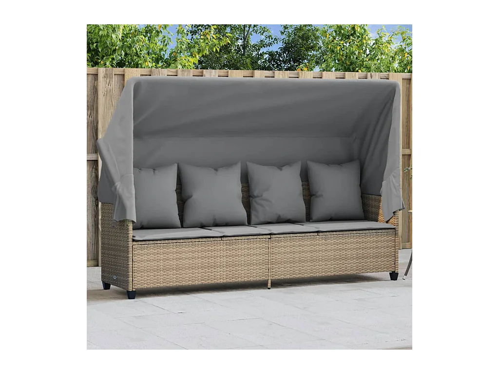 Chaise longue avec auvent et coussins beige résine tressée