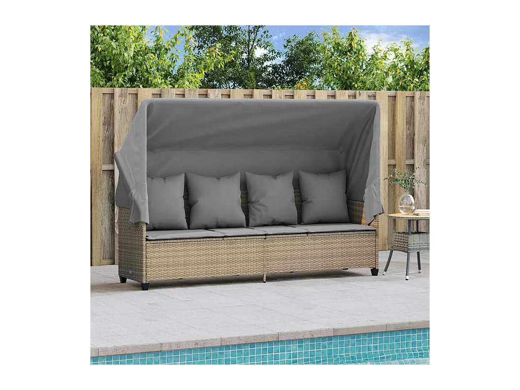 Chaise longue avec auvent et coussins beige résine tressée