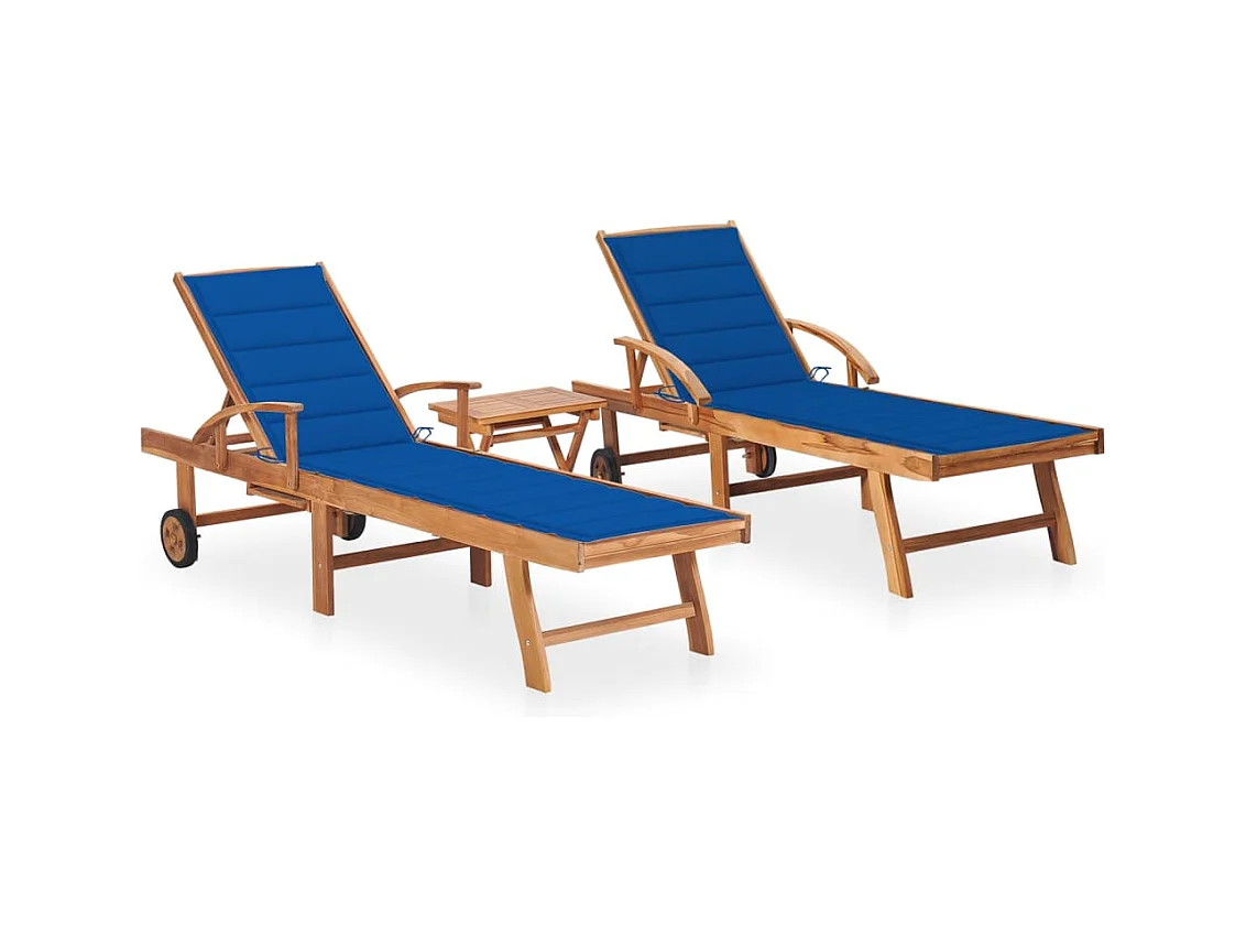 Chaises longues 2 pcs avec table et coussin Bois de teck solide 5