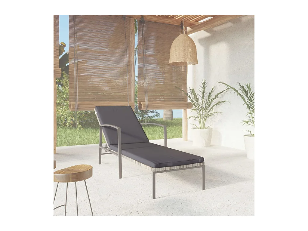 Chaise longue de jardin avec coussin Résine tressée Gris