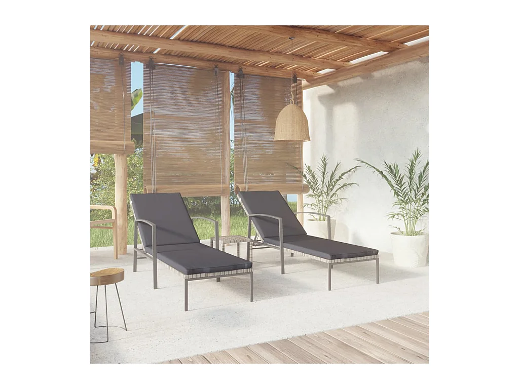 Chaises longues 2 pcs avec table Résine tressée Gris