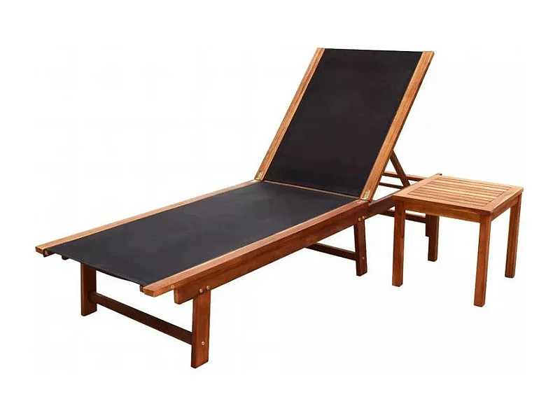 Ensemble chaise longue textilène noir et table acacia Sikash