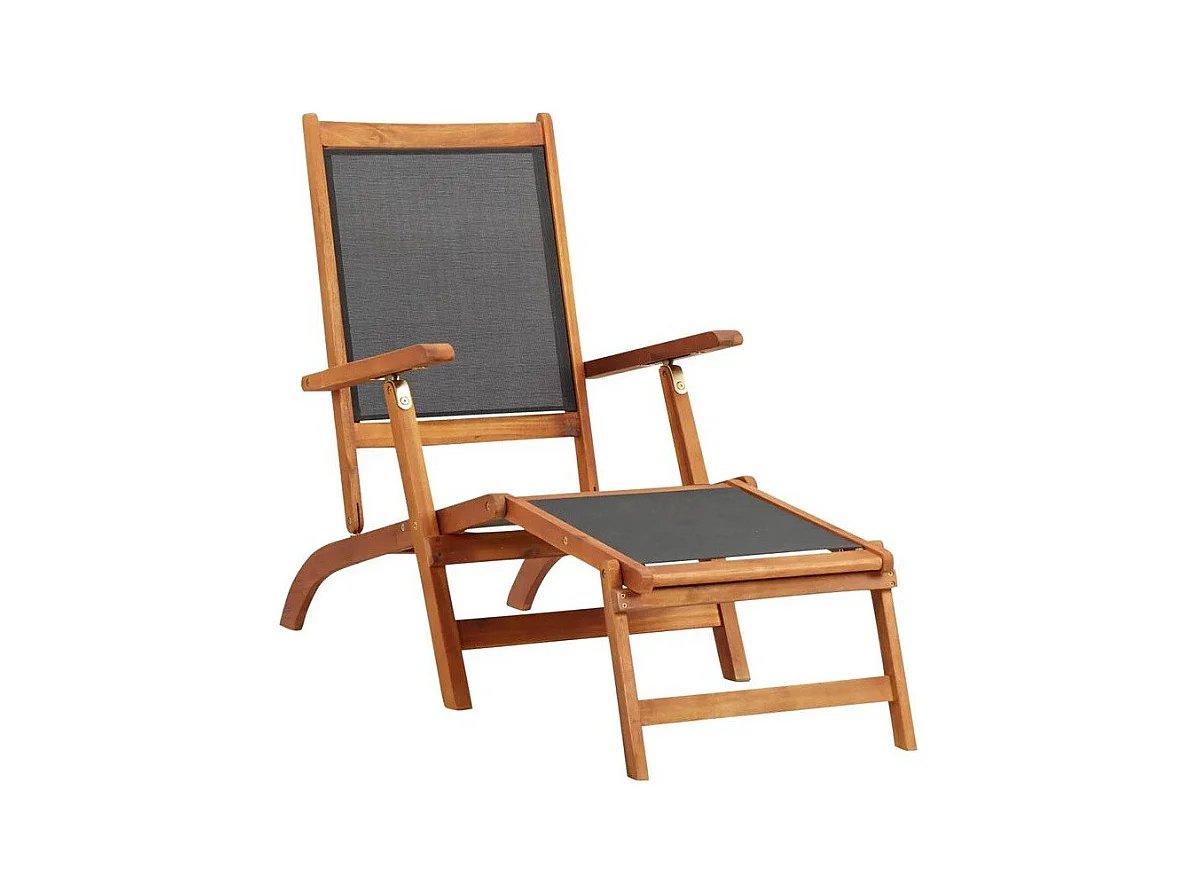 Chaise longue pliable textilène noir et acacia massif Lilis