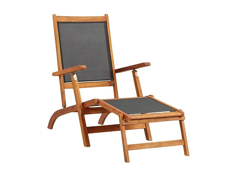 Chaise longue pliable textilène noir et acacia massif Lilis