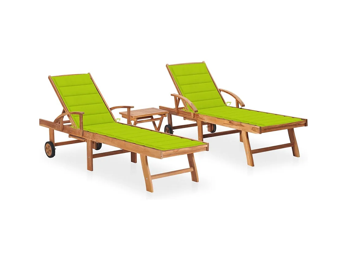 Chaises longues 2 pcs avec table et coussin Bois de teck solide 3