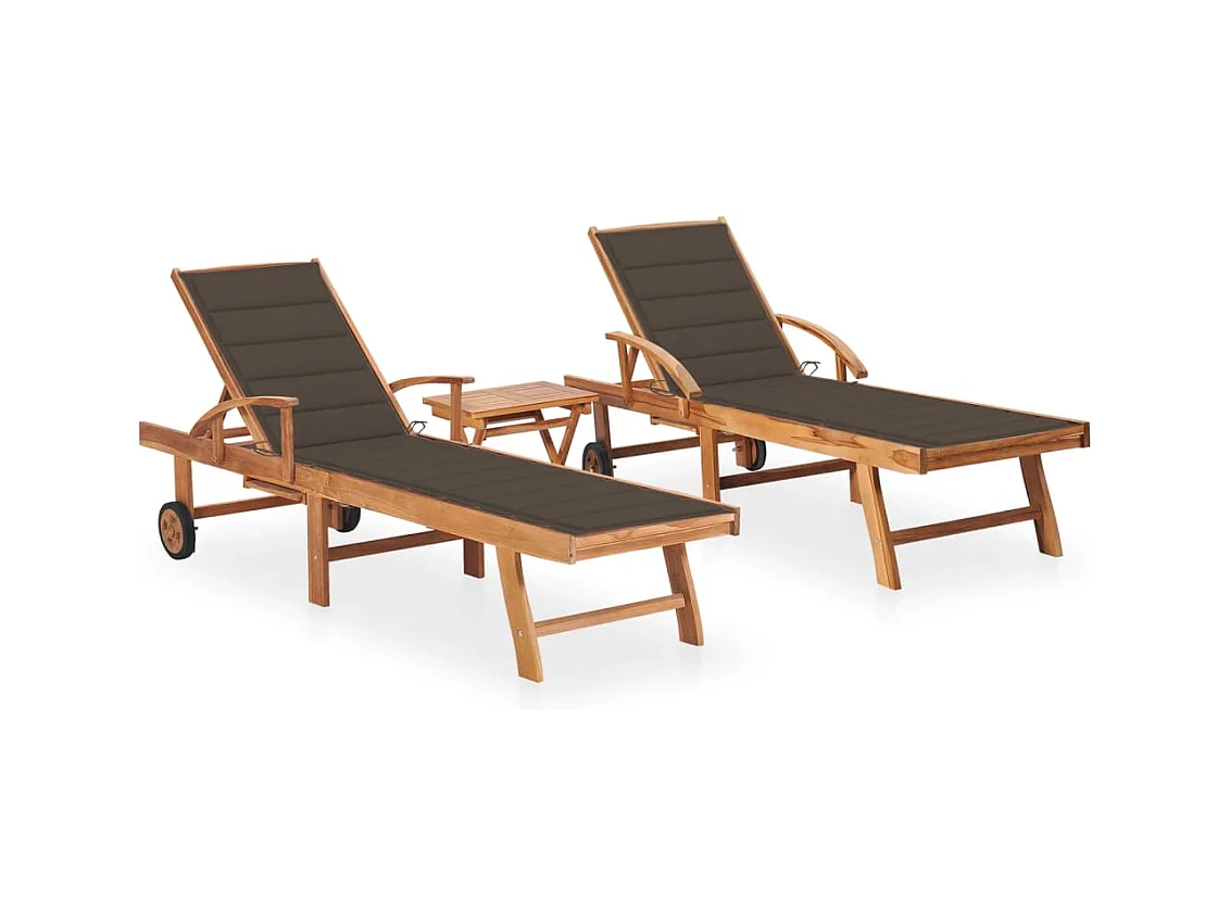 Chaises longues 2 pcs avec table et coussin Bois de teck solide 4