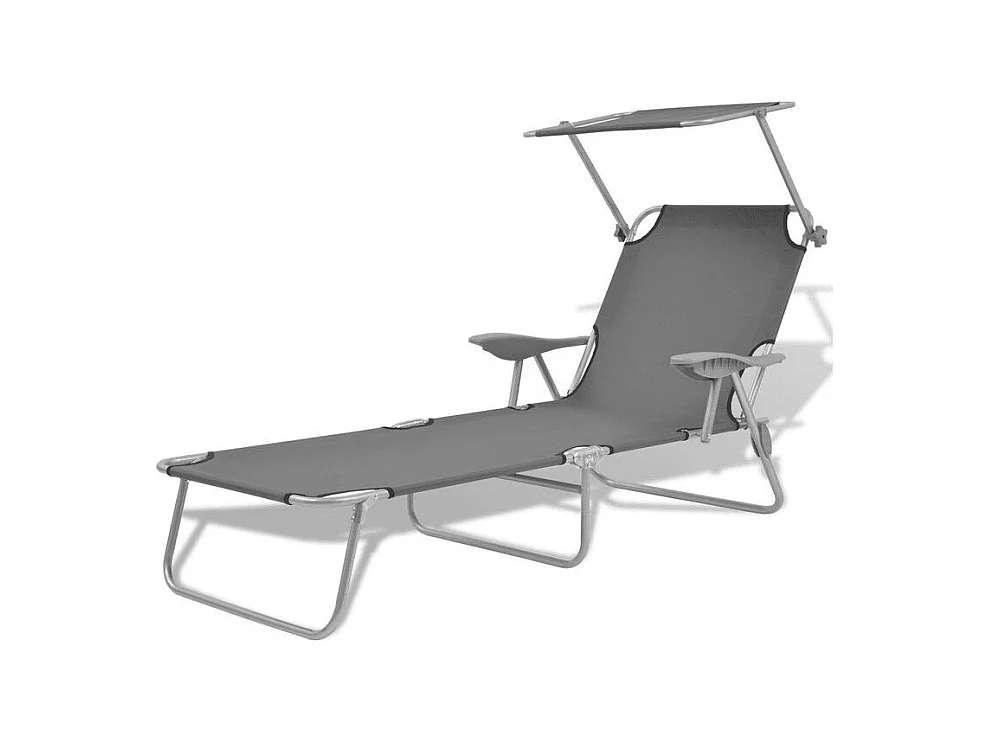 Chaise longue pliable avec auvent tissu gris et métal Zita