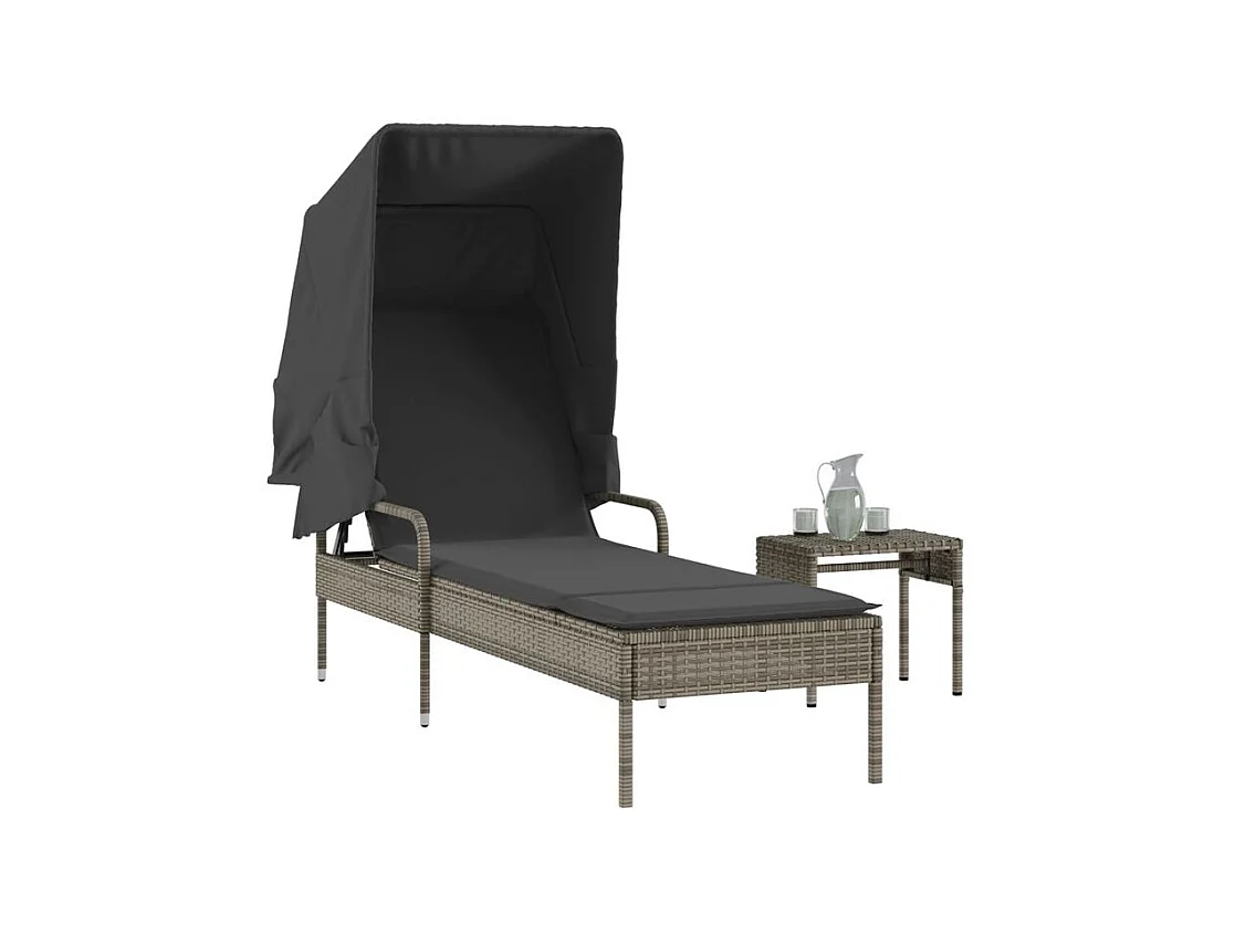 Chaise longue avec auvent et table gris résine tressée
