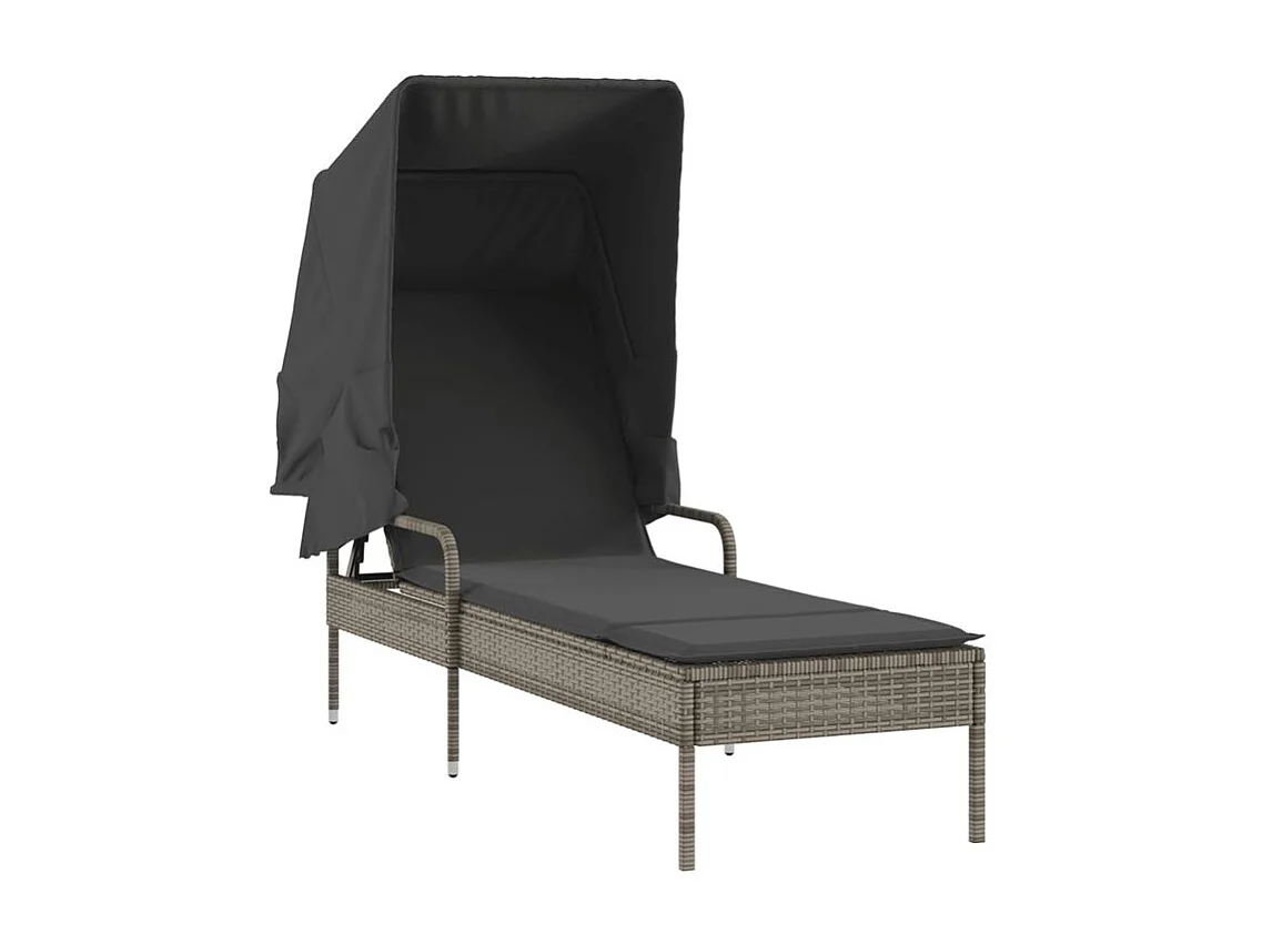 Chaise longue avec auvent et table gris résine tressée