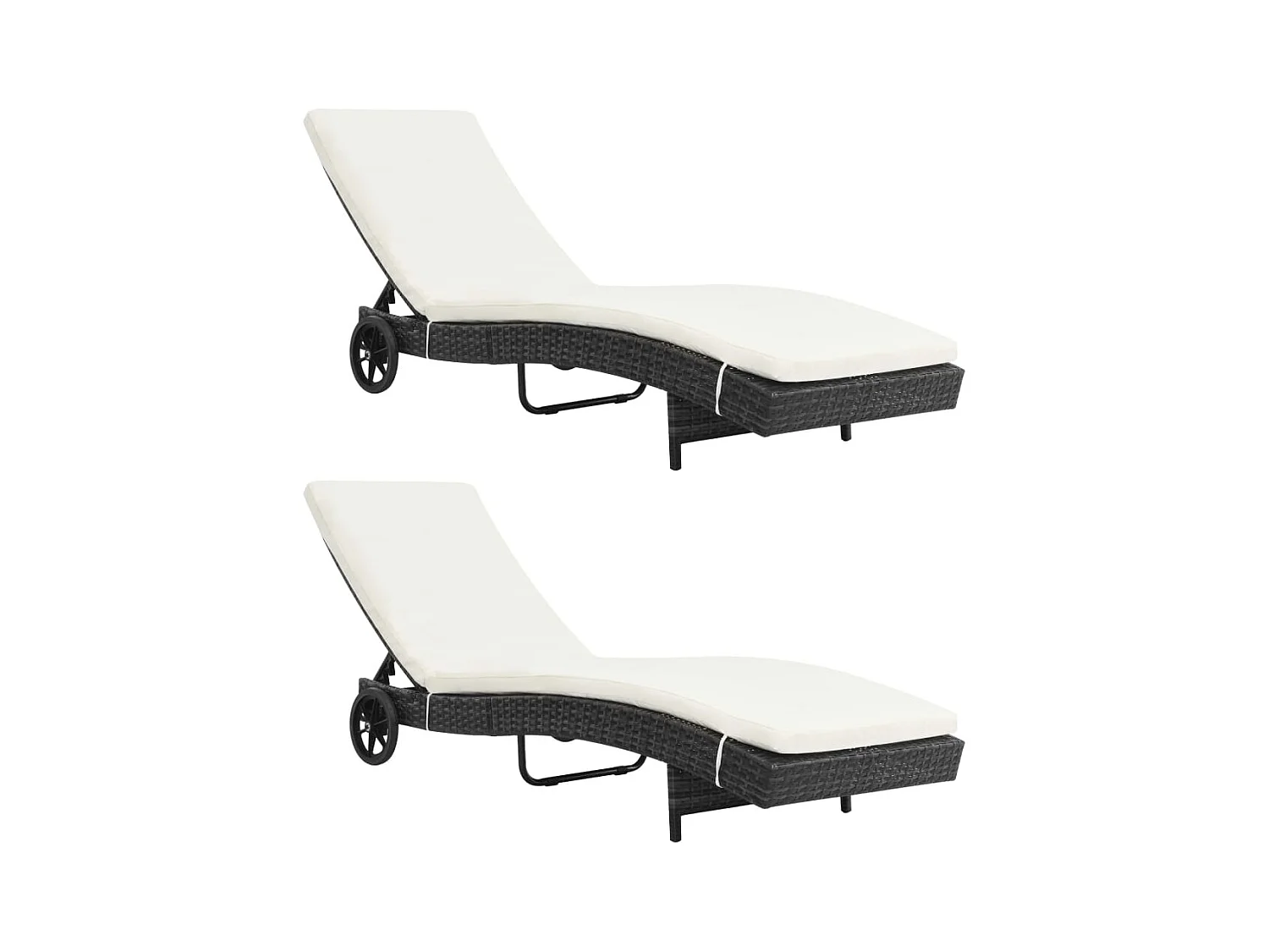 Chaises longues 2pcs avec roues et coussins Résine tressée Noir