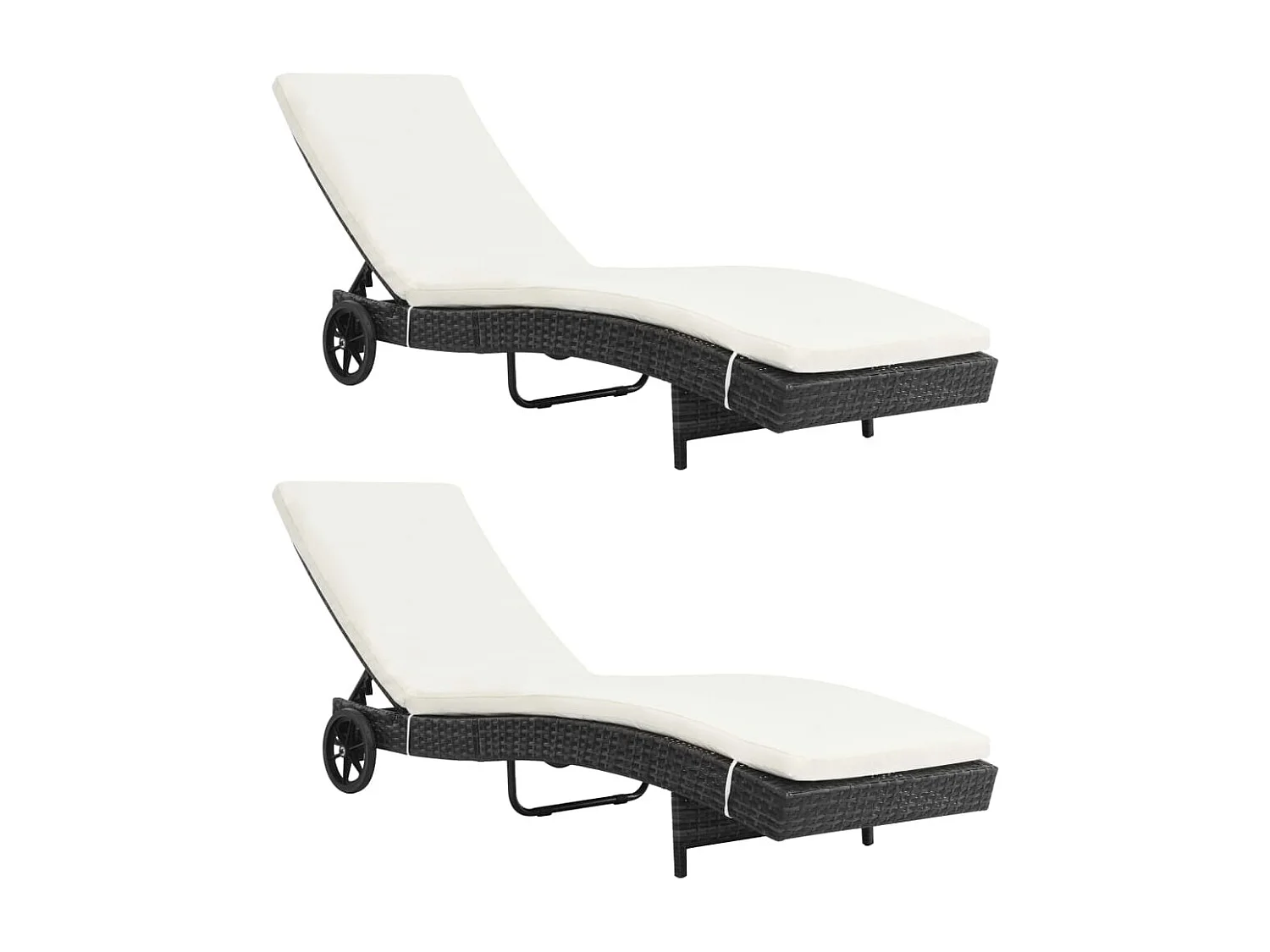 Chaises longues 2pcs avec roues et coussins Résine tressée Noir