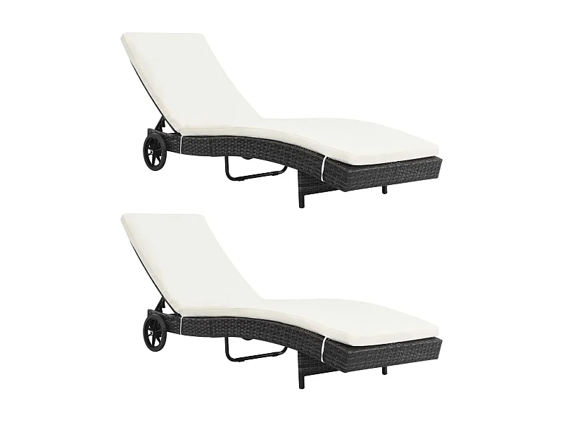 Chaises longues 2pcs avec roues et coussins Résine tressée Noir