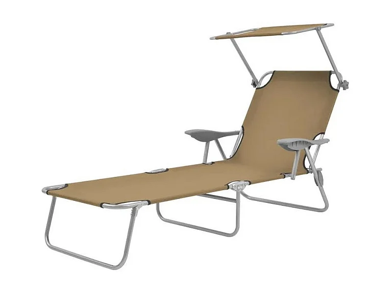 Chaise longue pliable avec auvent tissu taupe et métal Zita