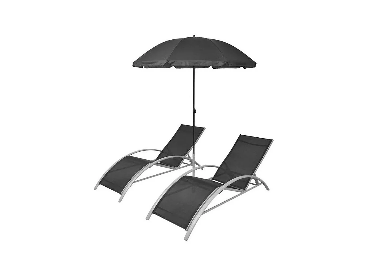 Set de 2 chaises longues et 1 parasol polyester noir Derino