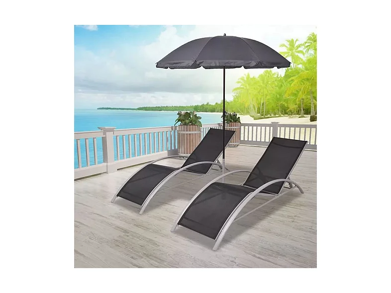 Set de 2 chaises longues et 1 parasol polyester noir Derino