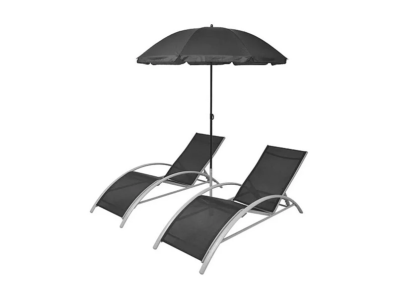 Set de 2 chaises longues et 1 parasol polyester noir Derino