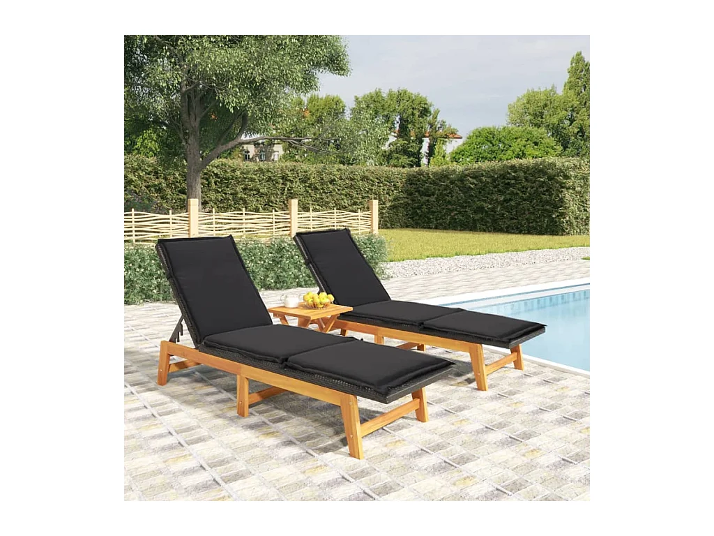 Chaises longues et coussins 2 pcs Résine tressée-bois d'acacia