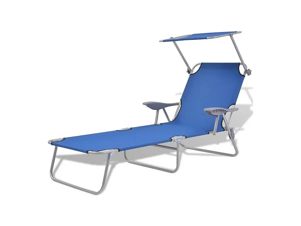 Chaise longue pliable avec auvent tissu bleu et métal gris Zita