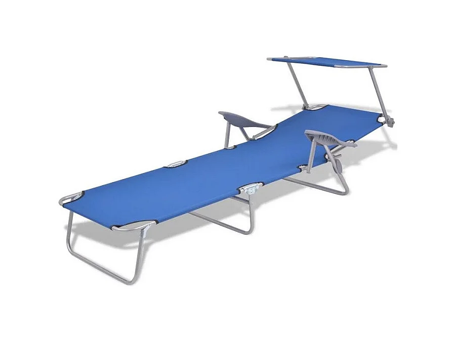 Chaise longue pliable avec auvent tissu bleu et métal gris Zita