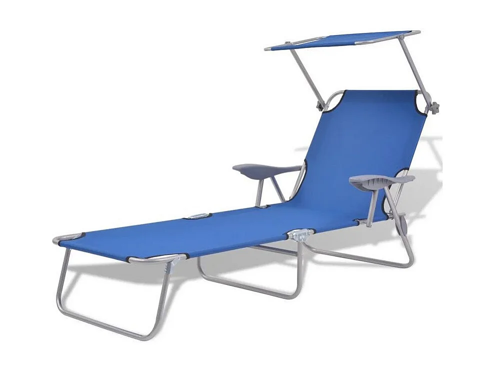 Chaise longue pliable avec auvent tissu bleu et métal gris Zita