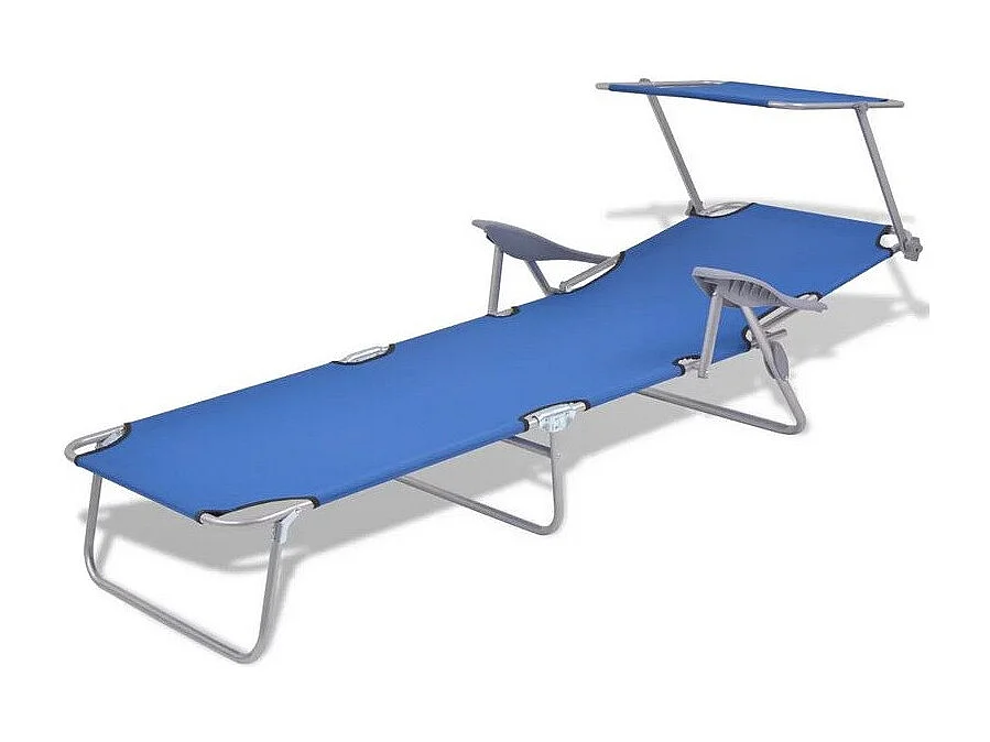 Chaise longue pliable avec auvent tissu bleu et métal gris Zita