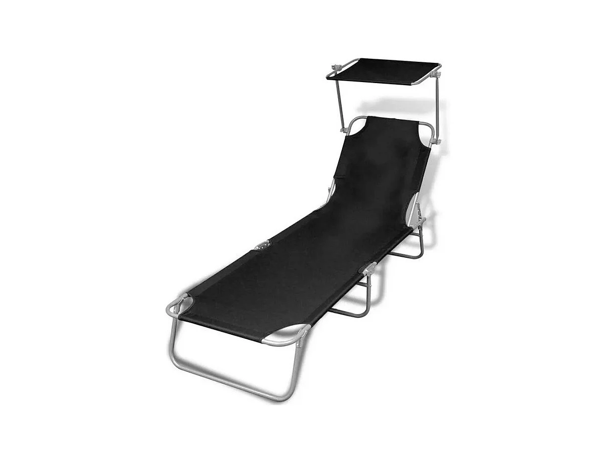 Chaise longue pliable avec auvent tissu noir et métal Sher
