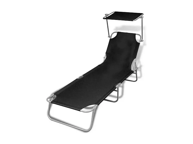 Chaise longue pliable avec auvent tissu noir et métal Sher