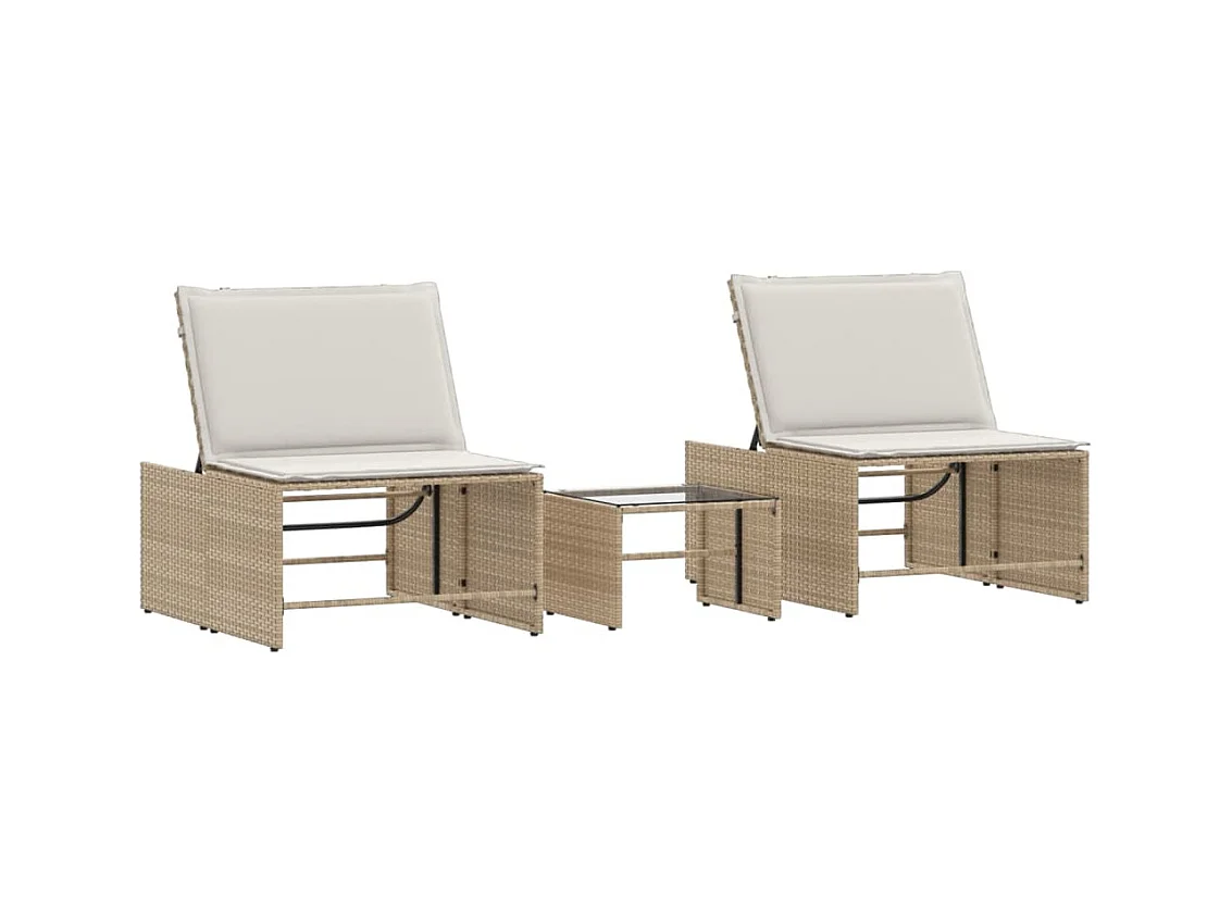 Chaises longues lot de 2 avec table beige résine tressée