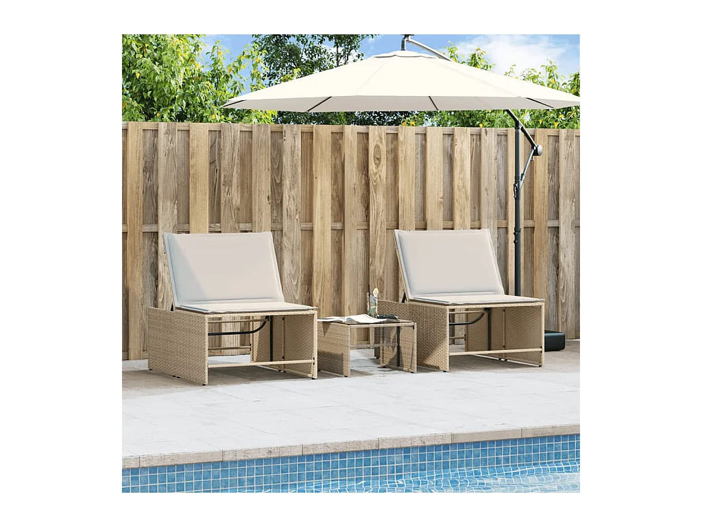 Chaises longues lot de 2 avec table beige résine tressée