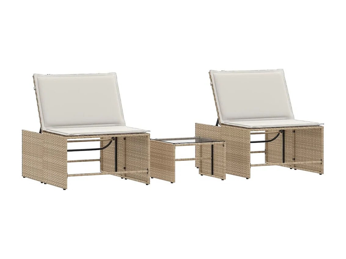 Chaises longues lot de 2 avec table beige résine tressée